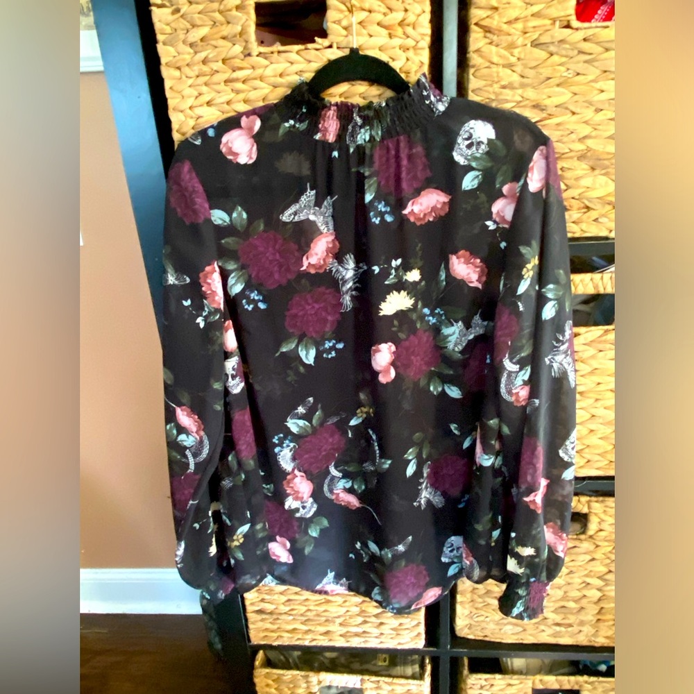 Torrid Skull/Butterfly Sheer ruffle neck blouse
